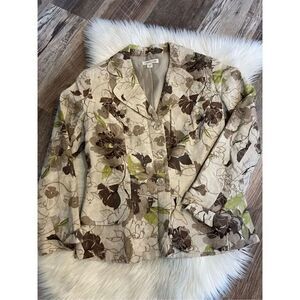 Coldwater Creek lined 10 tan/brown earth tones floral embroidered blazer 3 butto